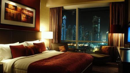 A spacious hotel suite with contemporary design, offering a king-size bed, a separate lounge area with a sectional sofa, and city skyline views through large windows.の素材