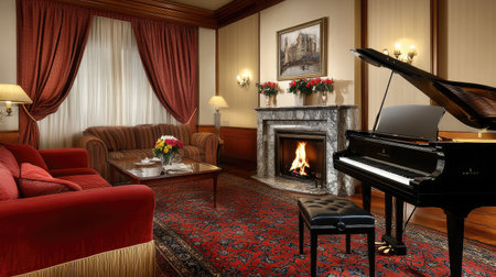 An opulent hotel suite featuring a grand piano, luxurious fabrics, and a marble fireplace, creating an atmosphere of refined elegance.の素材