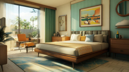 An elegant hotel suite adorned with mid-century modern decor, including sleek lines, wooden accents, and a color palette of muted earth tones.の素材