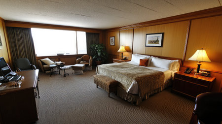 An elegant hotel suite adorned with mid-century modern decor, including sleek lines, wooden accents, and a color palette of muted earth tones.の素材