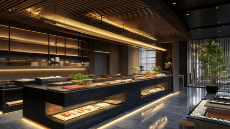 A chic hotel sushi bar with a sleek counter, minimalist decor, and a display of fresh ingredients behind glass.の素材