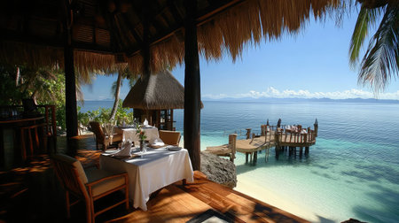 A beachfront hotel dining pavilion with open sides, tropical decor, and tables offering unobstructed ocean views.の素材
