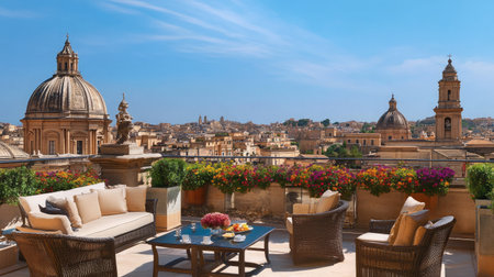 A chic hotel room with a private terrace overlooking a historic city's rooftops and landmarks, decorated in modern elegance.の素材