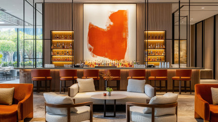 A chic hotel lounge bar with modern art decor, comfortable seating, and a well-stocked bar offering a variety of beverages.の素材