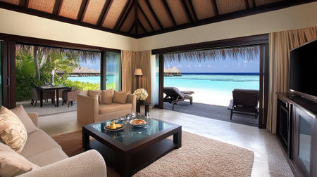 A beachfront villa's open-plan living area with sliding glass doors leading to a pristine ocean view, decorated in coastal hues and natural materials.の素材