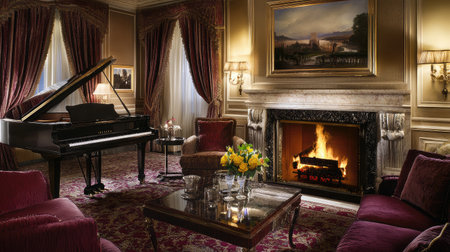 An opulent hotel suite featuring a grand piano, luxurious fabrics, and a marble fireplace, creating an atmosphere of refined elegance.の素材