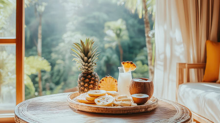 A beachfront villa room showcasing a tropical breakfast with pineapple slices, coconut water, and banana pancakes on a bamboo tray.の素材