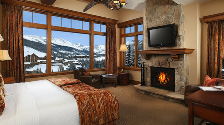 A charming hotel suite decorated in rustic chic style, with exposed wooden beams, cozy textiles, and a stone fireplace as the focal point.の素材