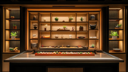 A chic hotel sushi bar with a sleek counter, minimalist decor, and a display of fresh ingredients behind glass.の素材