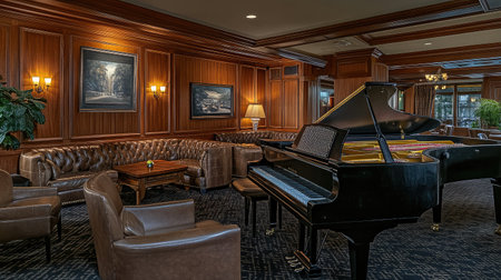 A classic hotel piano bar featuring a grand piano, dim lighting, and a cozy atmosphere with comfortable seating arrangements.の素材