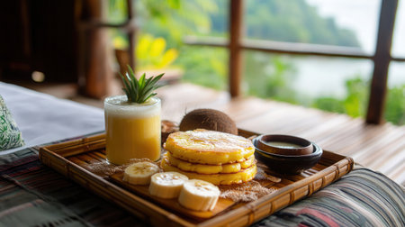 A beachfront villa room showcasing a tropical breakfast with pineapple slices, coconut water, and banana pancakes on a bamboo tray.の素材