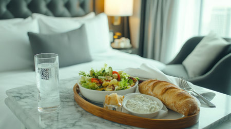 A chic urban hotel suite featuring a room service tray with a Caesar salad, sparkling water, and a fresh baguette on a marble table.の素材