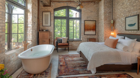 A boutique hotel suite designed with rustic charm, showcasing exposed brick walls, reclaimed wood furniture, and a freestanding bathtub in the bedroom area.の素材