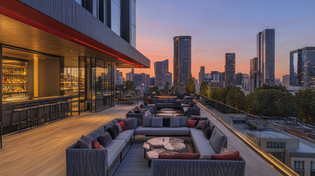 A contemporary hotel rooftop bar with glass railings, modern lounge furniture, and breathtaking views of the city skyline.の素材