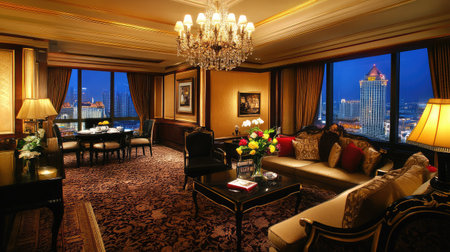 An opulent hotel suite featuring a grand chandelier, plush carpeting, and a private terrace furnished with comfortable lounge chairs and a dining set.の素材