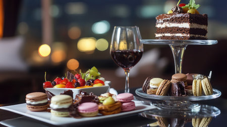 A city hotel room at night, showcasing a late-night dessert spread with chocolate cake, macarons, and a glass of dessert wine.の素材