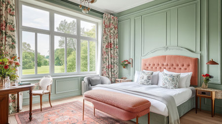 A charming hotel suite decorated in pastel tones, featuring floral patterns, vintage-inspired furnishings, and large windows with garden views.の素材