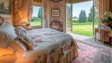 A charming hotel suite decorated in pastel tones, featuring floral patterns, vintage-inspired furnishings, and large windows with garden views.の素材