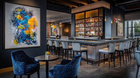 A chic hotel lounge bar with modern art decor, comfortable seating, and a well-stocked bar offering a variety of beverages.の素材