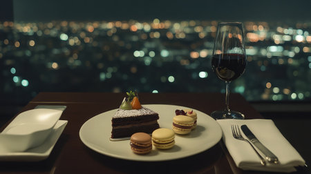 A city hotel room at night, showcasing a late-night dessert spread with chocolate cake, macarons, and a glass of dessert wine.の素材