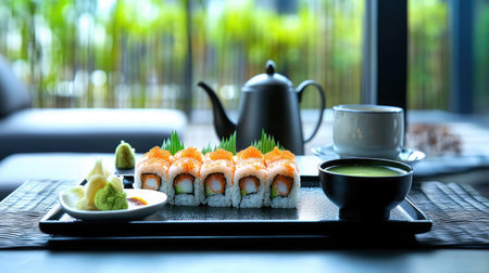 A chic hotel suite with a room service tray of sushi rolls, miso soup, and green tea, elegantly arranged on a low Japanese-style table.の素材