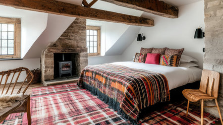 A charming hotel suite decorated in rustic chic style, with exposed wooden beams, cozy textiles, and a stone fireplace as the focal point.の素材