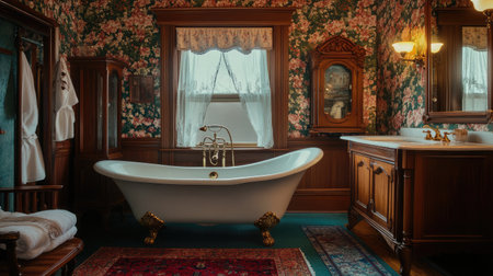 An elegant hotel suite adorned with Victorian-era decor, including ornate furniture, floral wallpapers, and a clawfoot bathtub in the bathroom.の素材