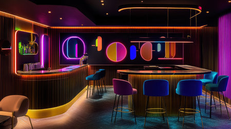 A contemporary hotel bar with neon lighting, modern art pieces adorning the walls, and a stylish counter with high-gloss finish.の素材