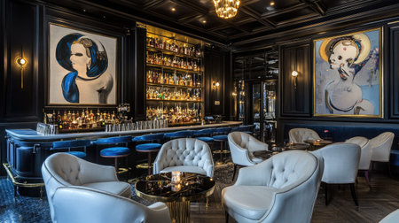 A chic hotel cocktail lounge with modern art on the walls, plush seating, and a sleek bar serving an array of drinks.の素材