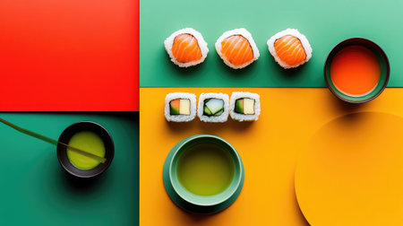 A chic hotel suite with a room service tray of sushi rolls, miso soup, and green tea, elegantly arranged on a low Japanese-style table.の素材