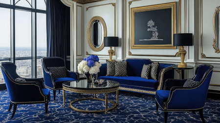 An elegant hotel suite adorned with art deco elements, including geometric patterns, mirrored furniture, and rich jewel-toned fabrics.の素材