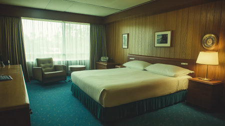 An elegant hotel suite adorned with mid-century modern decor, including sleek lines, wooden accents, and a color palette of muted earth tones.の素材