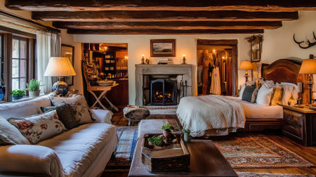A charming hotel suite decorated in rustic chic style, with exposed wooden beams, cozy textiles, and a stone fireplace as the focal point.の素材