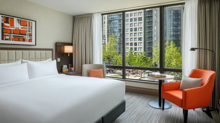 A boutique hotel suite designed with artistic flair, featuring bold color schemes, unique furniture pieces, and a curated selection of books and art.の素材