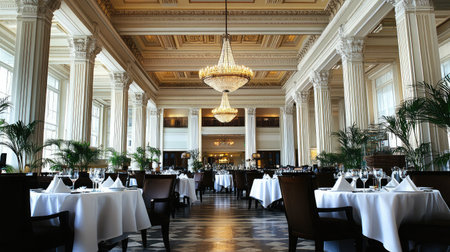 An opulent hotel dining hall featuring crystal chandeliers, ornate moldings, and tables set with fine china and silverware.の素材
