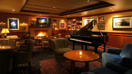 A classic hotel piano bar featuring a grand piano, dim lighting, and a cozy atmosphere with comfortable seating arrangements.の素材