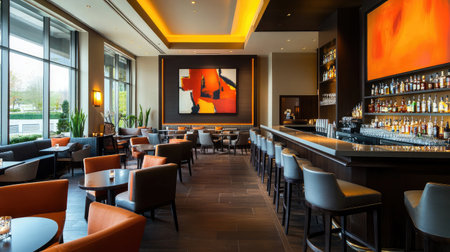 A chic hotel cocktail lounge with modern art on the walls, plush seating, and a sleek bar serving an array of drinks.の素材