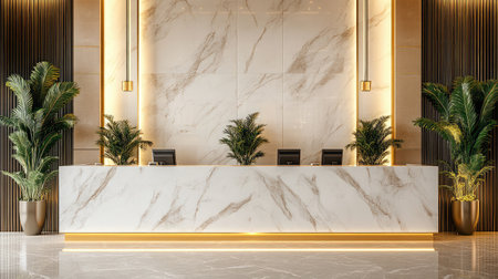 A luxurious hotel reception area showcasing a marble counter with gold accents, flanked by tall indoor plants and ambient floor lighting.の素材