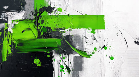 An abstract painting with bold green brushstrokes and splatters, conveying energy and creativity on a canvas backdrop.の素材