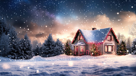 A snow-covered cottage illuminated by colorful Christmas lights, nestled in a serene winter landscape under a starlit sky.の素材