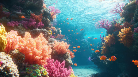 A vibrant coral reef teeming with colorful marine life, bathed in sunlight filtering through the clear turquoise water.の素材