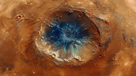 A close-up of Mars' surface, highlighting its reddish terrain, dust storms, and prominent geological features like Olympus Mons.の素材