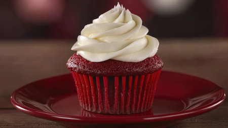 A close-up of a red velvet cupcake with cream cheese frosting, placed on a red plate, appealing to dessert enthusiasts.の素材