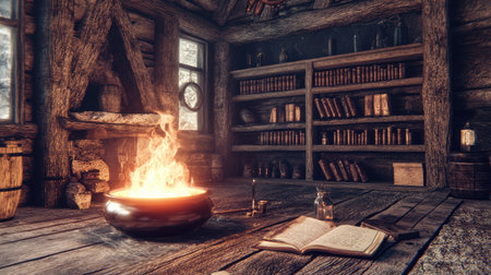 A witches' cauldron bubbling over an open flame in a dimly lit, rustic cabin, with potion bottles and spell books scattered around.の素材