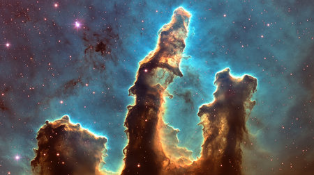 A panoramic view of the Pillars of Creation within the Eagle Nebula, showcasing towering columns of interstellar gas and dust bathed in starlight.の素材