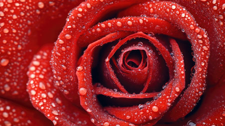 A macro photograph of a single red rose with dewdrops on its petals, highlighting the intricate details and velvety texture.の素材