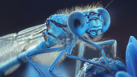 A macro shot of a dragonfly resting on a blue lotus bud, with its transparent wings and compound eyes in sharp focus.の素材
