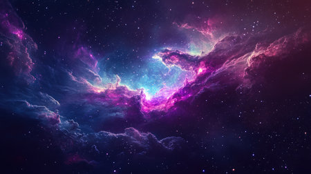 A vibrant depiction of the Horsehead Nebula, with swirling clouds of gas and dust illuminated by nearby stars, creating a colorful cosmic landscape.の素材