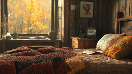 A cozy hotel room with rustic decor, showcasing a double bed with knitted blankets, wooden accents, and a window overlooking a tranquil forest.の素材