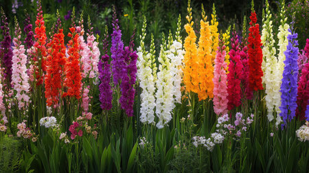A field of vibrant gladiolus flowers in full bloom, their tall spikes adorned with blossoms in various colors.の素材
